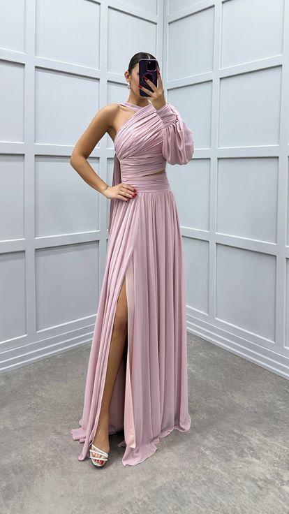 Beige One Sleeve Shoulder Detail Designer Dress