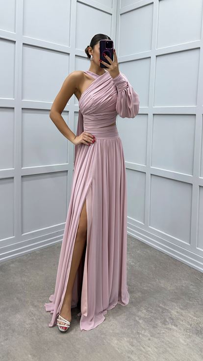 Beige One Sleeve Shoulder Detail Designer Dress