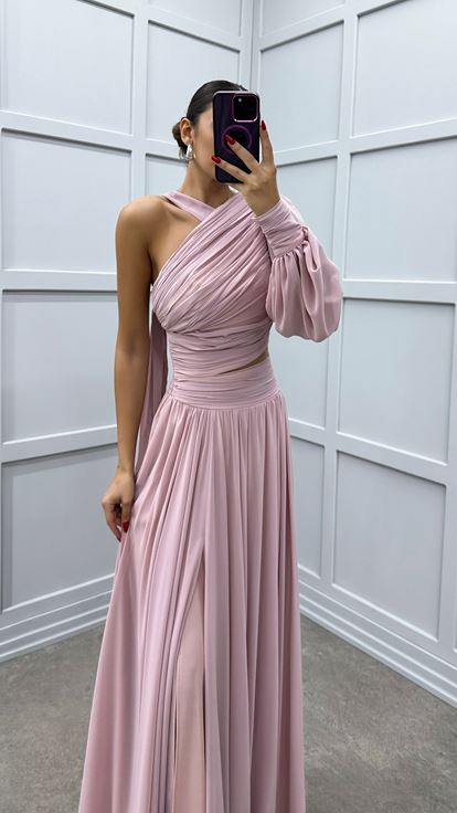 Beige One Sleeve Shoulder Detail Designer Dress