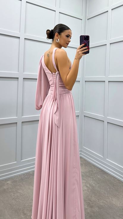 Beige One Sleeve Shoulder Detail Designer Dress