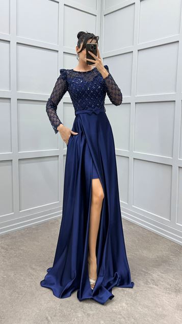 Navy Blue Chest And Sleeves Embroidered Evening Dress