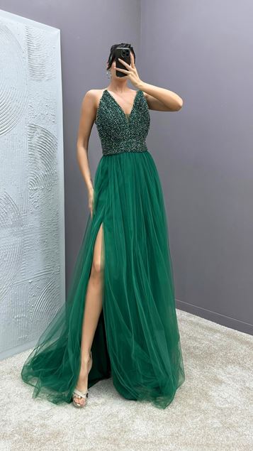 Emerald Strapless Chest Embroidered Tulle Dress