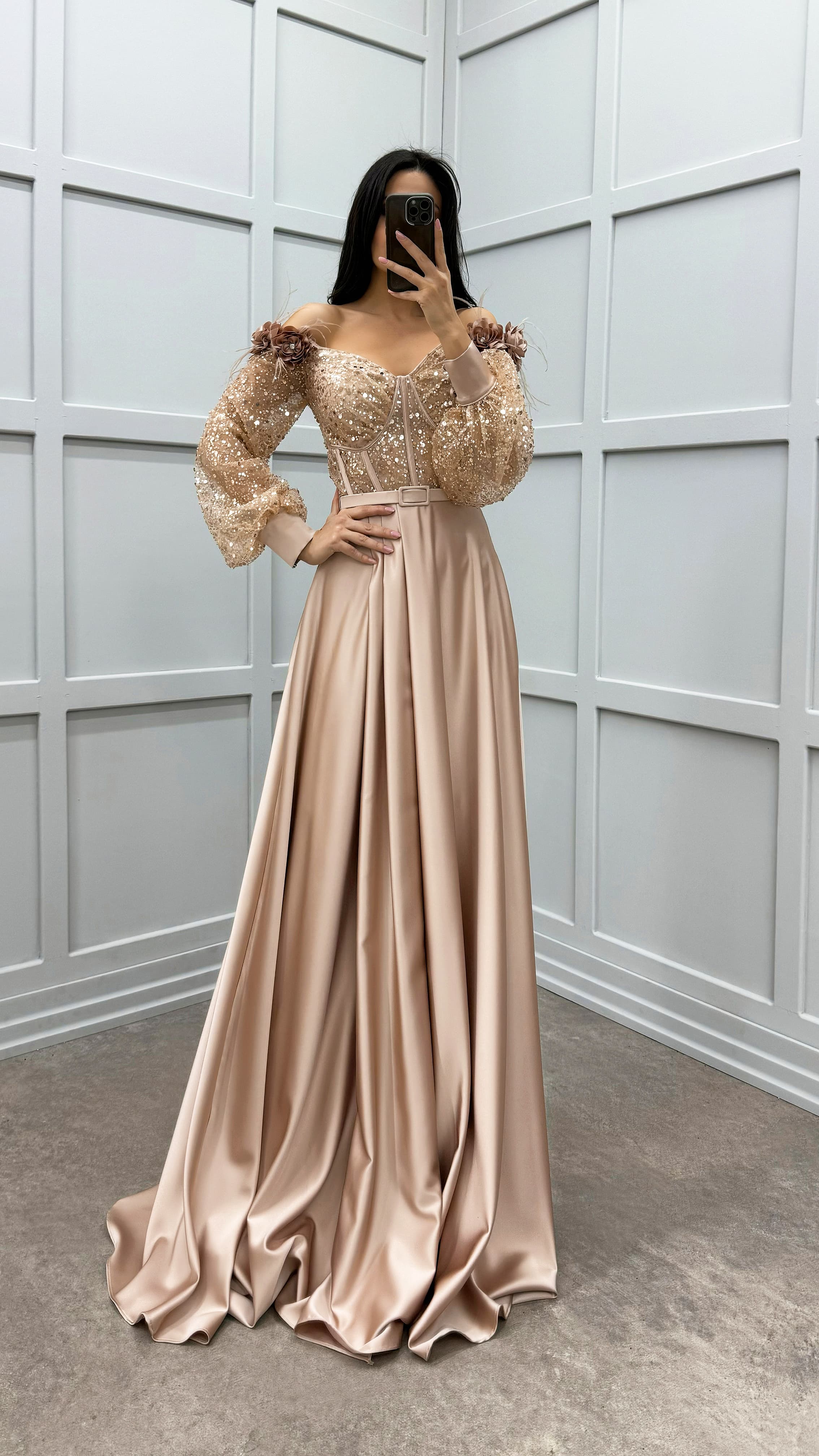 Beige Shoulders Rose Detail Feathered Transparent Satin Evening Dress Beige Shoulders Rose Detail Feathered Transparent Satin Evening Dress