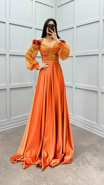 Orange Shoulder Rose Detail Feathered Transparent Satin Evening Dress