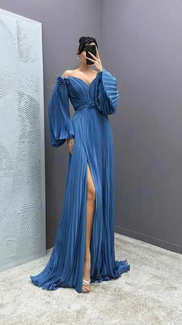 Indigo Shoulders Feather Detail Balloon Sleeve Pleated Design Dress