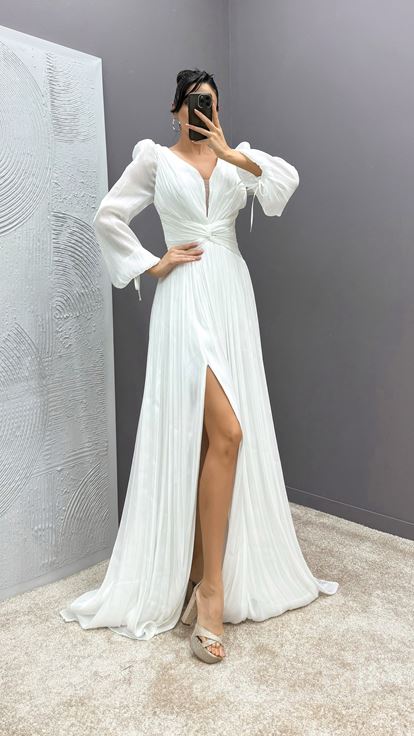 White Balloon Sleeve Draped Designer Dress