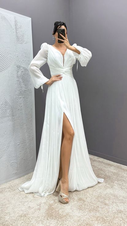 White Balloon Sleeve Draped Designer Dress