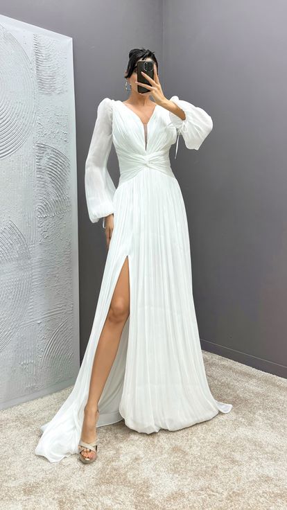 White Balloon Sleeve Draped Designer Dress