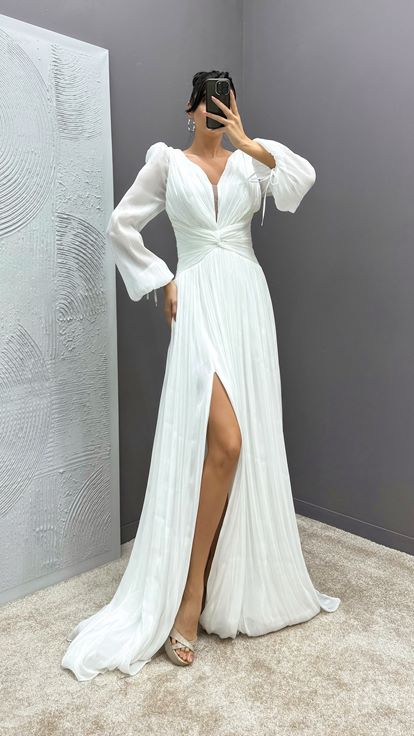 White Balloon Sleeve Draped Designer Dress