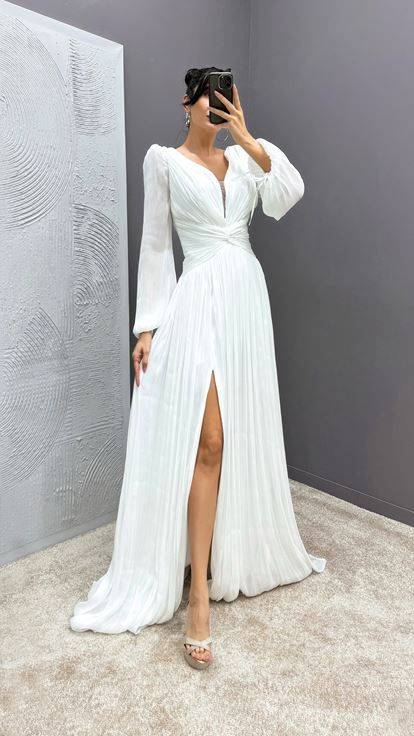 White Balloon Sleeve Draped Designer Dress