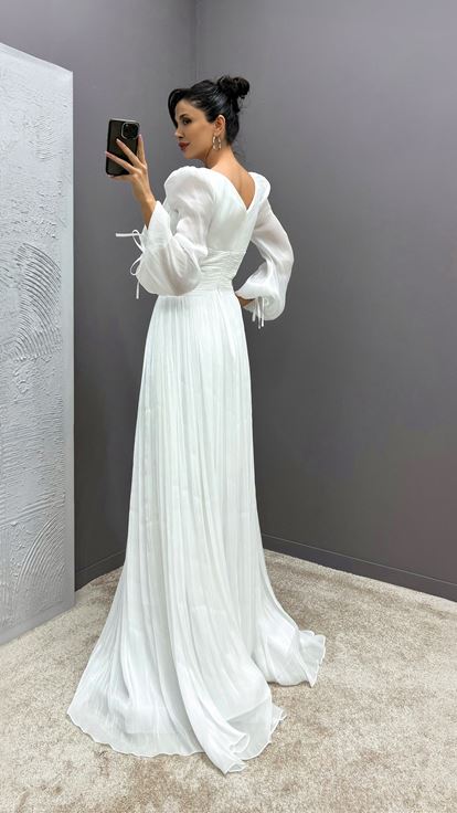 White Balloon Sleeve Draped Designer Dress