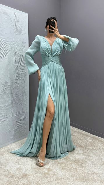 Mint Green Balloon Sleeve Draped Design Dress