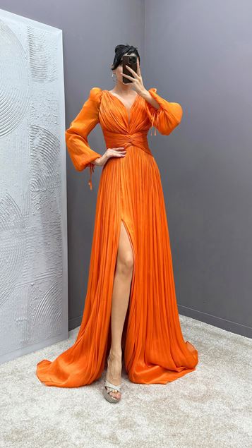 Orange Balloon Sleeve Draped Design Dress