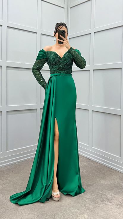 Emerald Green Shoulder Detail Stone Satin Evening Dress