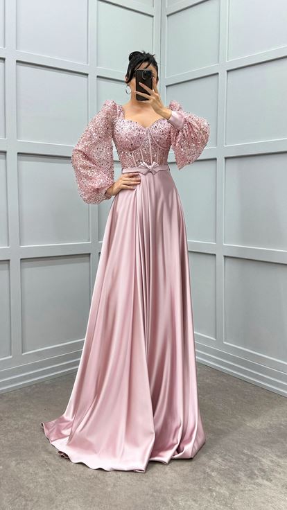 Powder V-Neck Balloon Sleeve Design Satin Evening Dress