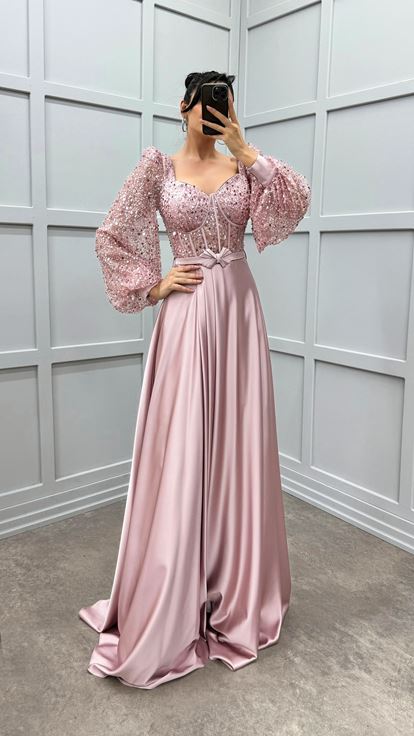 Powder V-Neck Balloon Sleeve Design Satin Evening Dress