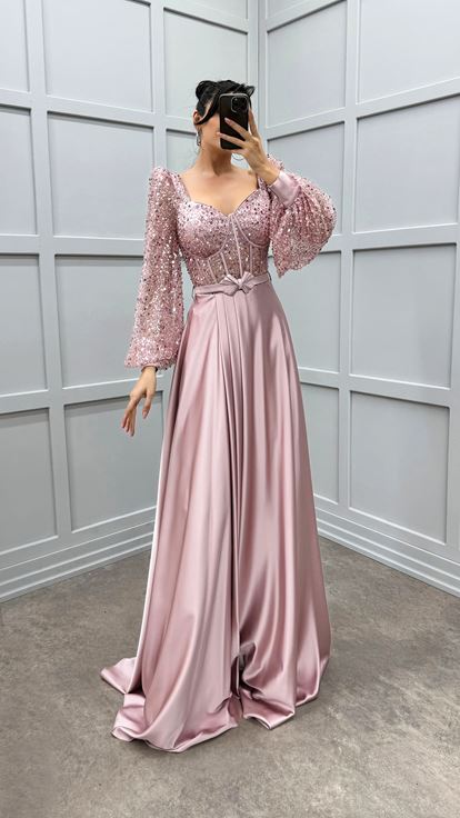 Powder V-Neck Balloon Sleeve Design Satin Evening Dress