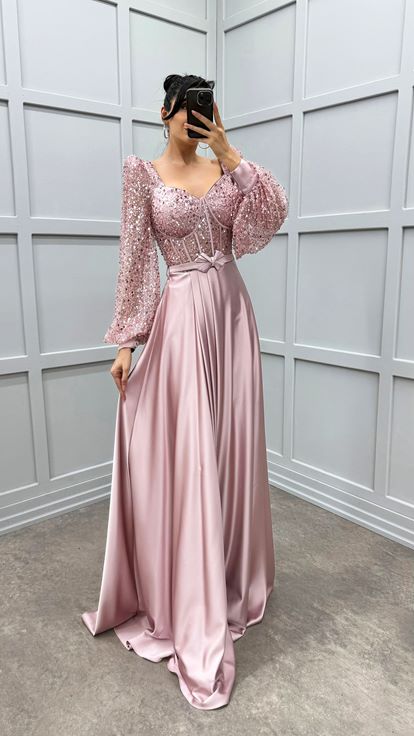 Powder V-Neck Balloon Sleeve Design Satin Evening Dress