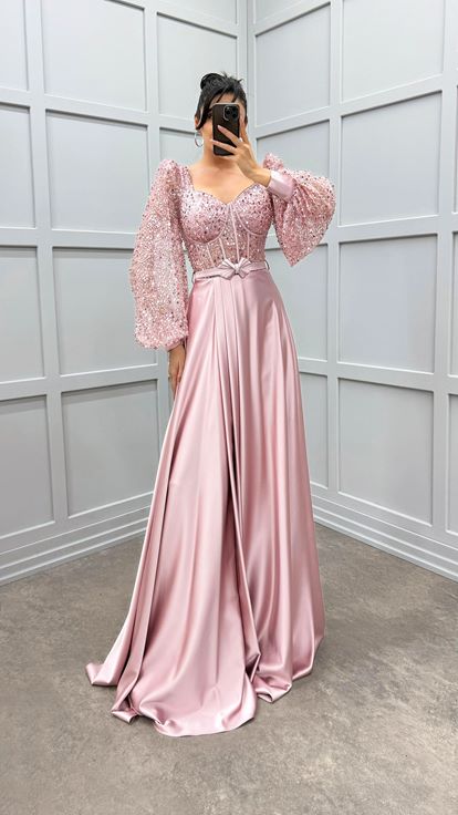 Powder V-Neck Balloon Sleeve Design Satin Evening Dress