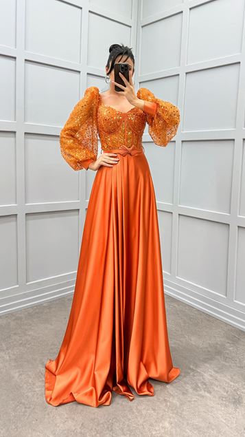 Orange V-Neck Balloon Sleeve Design Satin Evening Dress