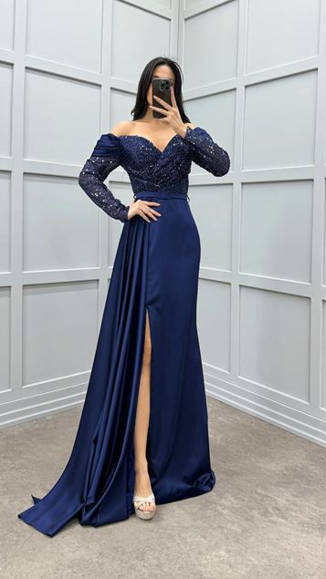 Navy Blue Chest Sequin Detail Satin Evening Dress