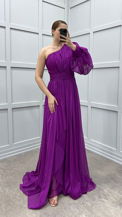 Fuchsia Single Sleeve Shoulder And Waist Rose Detail Design Plus Size Dress