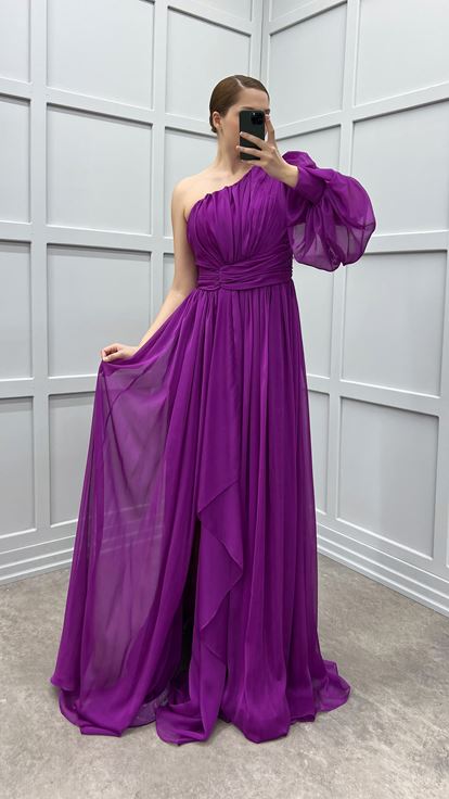 Fuchsia Single Sleeve Shoulder And Waist Rose Detail Design Plus Size Dress