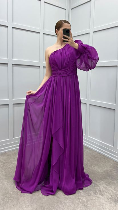 Fuchsia Single Sleeve Shoulder And Waist Rose Detail Design Plus Size Dress