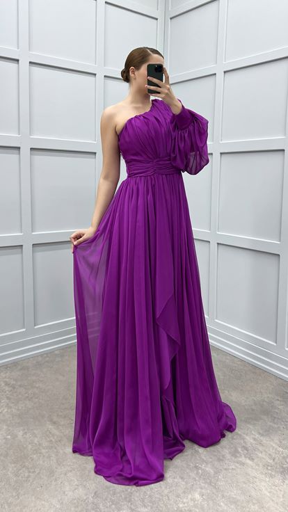 Fuchsia Single Sleeve Shoulder And Waist Rose Detail Design Plus Size Dress