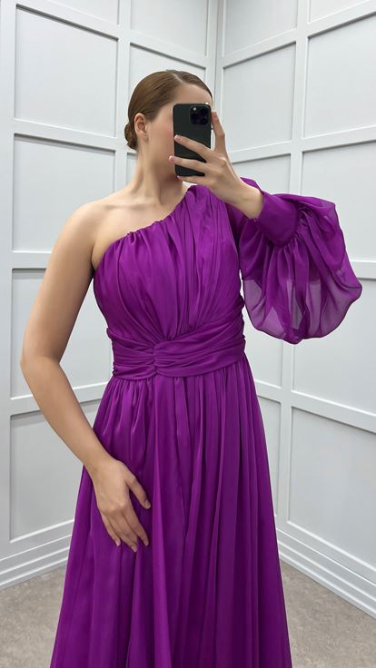 Fuchsia Single Sleeve Shoulder And Waist Rose Detail Design Plus Size Dress