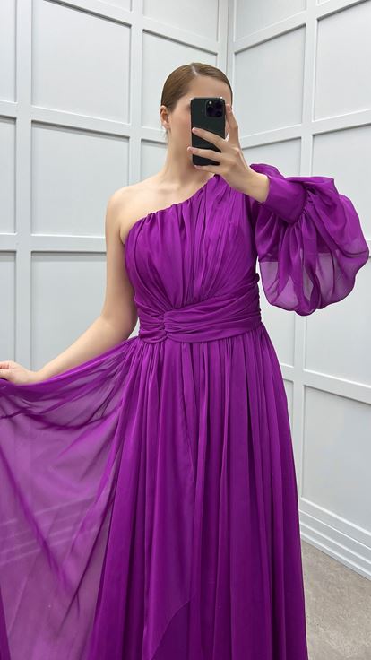 Fuchsia Single Sleeve Shoulder And Waist Rose Detail Design Plus Size Dress