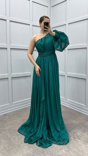 Emerald Green Single Sleeve Shoulder And Waist Rose Detail Design Plus Size Dress