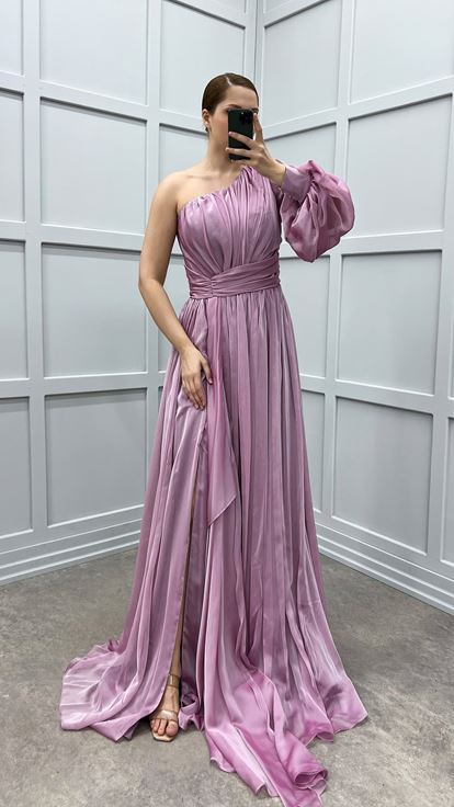 Powder Single Sleeve Shoulder And Waist Rose Detail Design Plus Size Dress