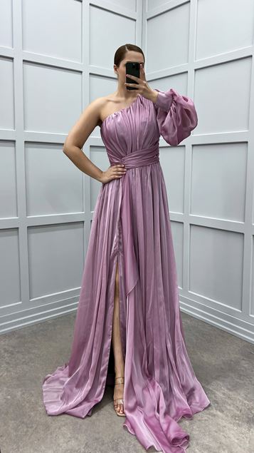 Powder Single Sleeve Shoulder And Waist Rose Detail Design Plus Size Dress