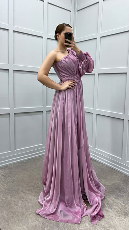 Powder Single Sleeve Shoulder And Waist Rose Detail Design Plus Size Dress