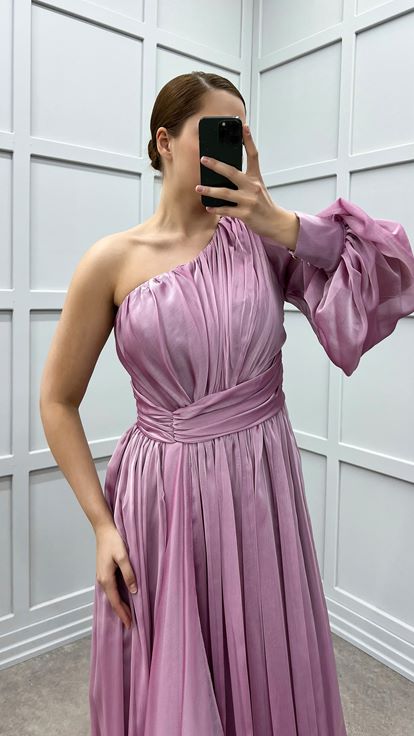 Powder Single Sleeve Shoulder And Waist Rose Detail Design Plus Size Dress