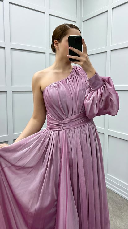 Powder Single Sleeve Shoulder And Waist Rose Detail Design Plus Size Dress