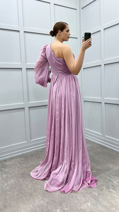 Powder Single Sleeve Shoulder And Waist Rose Detail Design Plus Size Dress