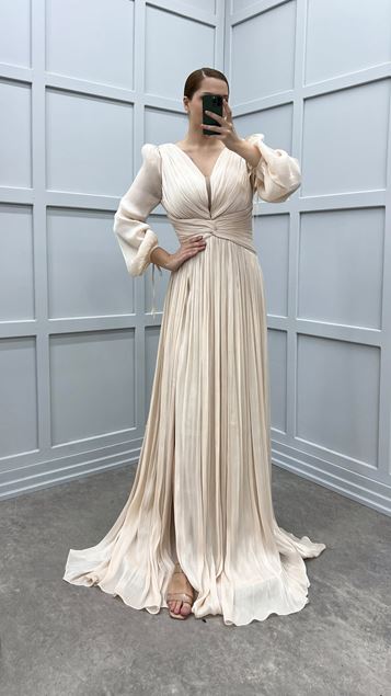 Beige Balloon Sleeve Draped Design Plus Size Dress