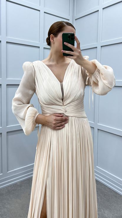 Bej Balon Kol Drapeli Tasarım Büyük Beden Elbise