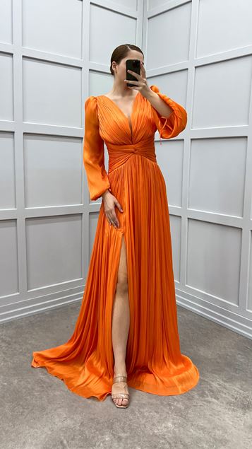 Orange Ballonärmel Drapiertes Design Plus Size Kleid