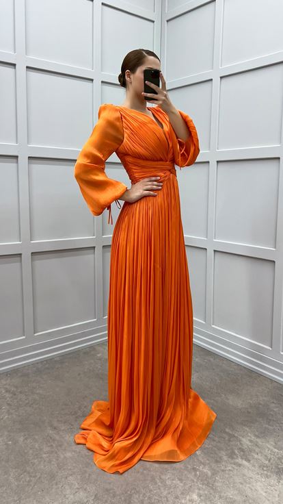Turuncu Balon Kol Drapeli Tasarım Büyük Beden Elbise