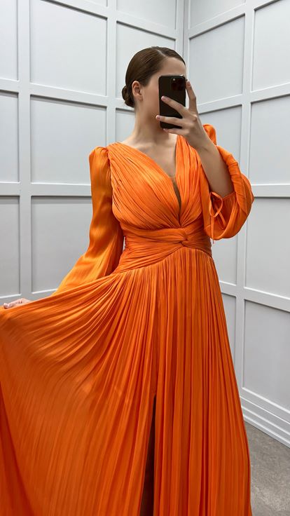 Turuncu Balon Kol Drapeli Tasarım Büyük Beden Elbise