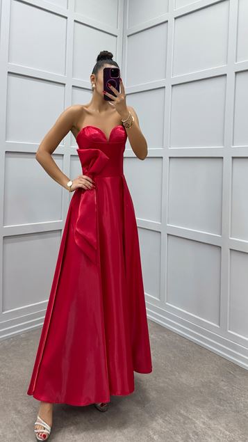 Red Strapless Waist Bow Design Dress