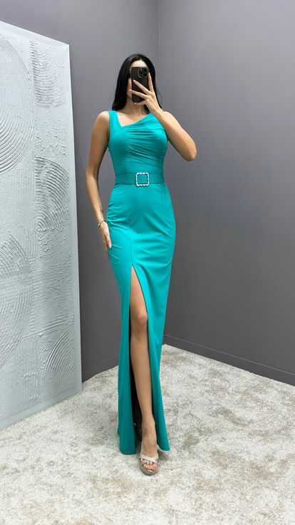 Turquoise Bust Detail Belted Design Dress