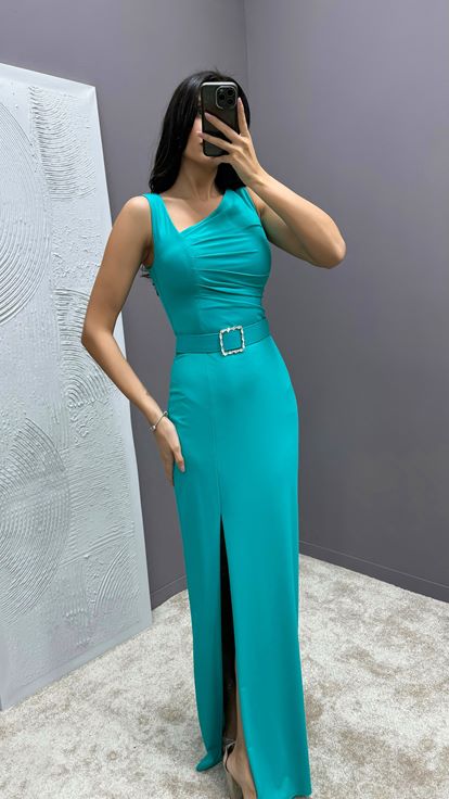 Turquoise Bust Detail Belted Design Dress