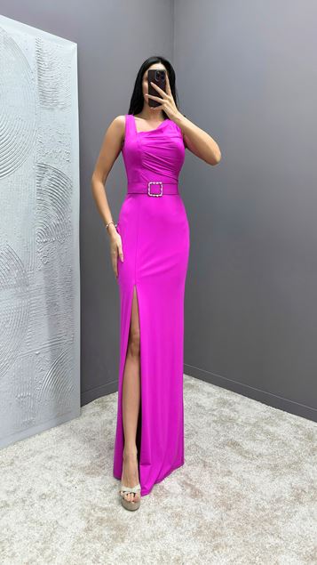 Fuchsia Chest Detail Belt Design Dress