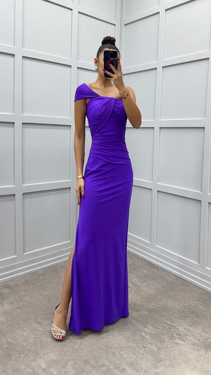 Purple One Shoulder Dress with Bust Detail