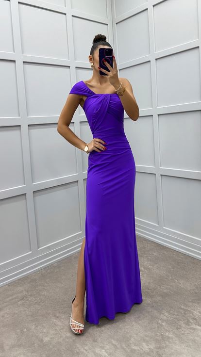 Purple One Shoulder Dress with Bust Detail