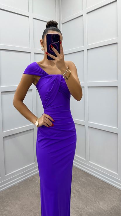 Purple One Shoulder Dress with Bust Detail